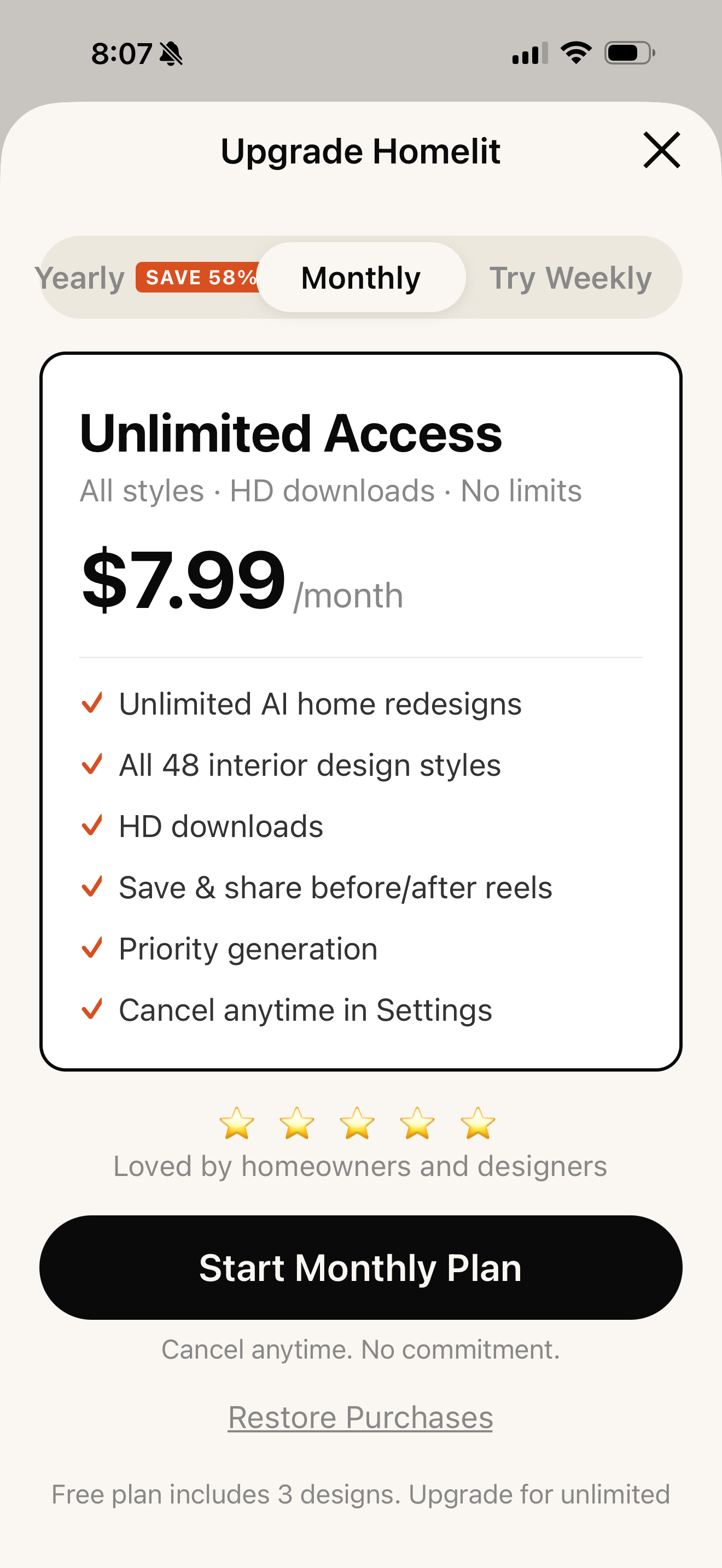 Homelit pricing — monthly