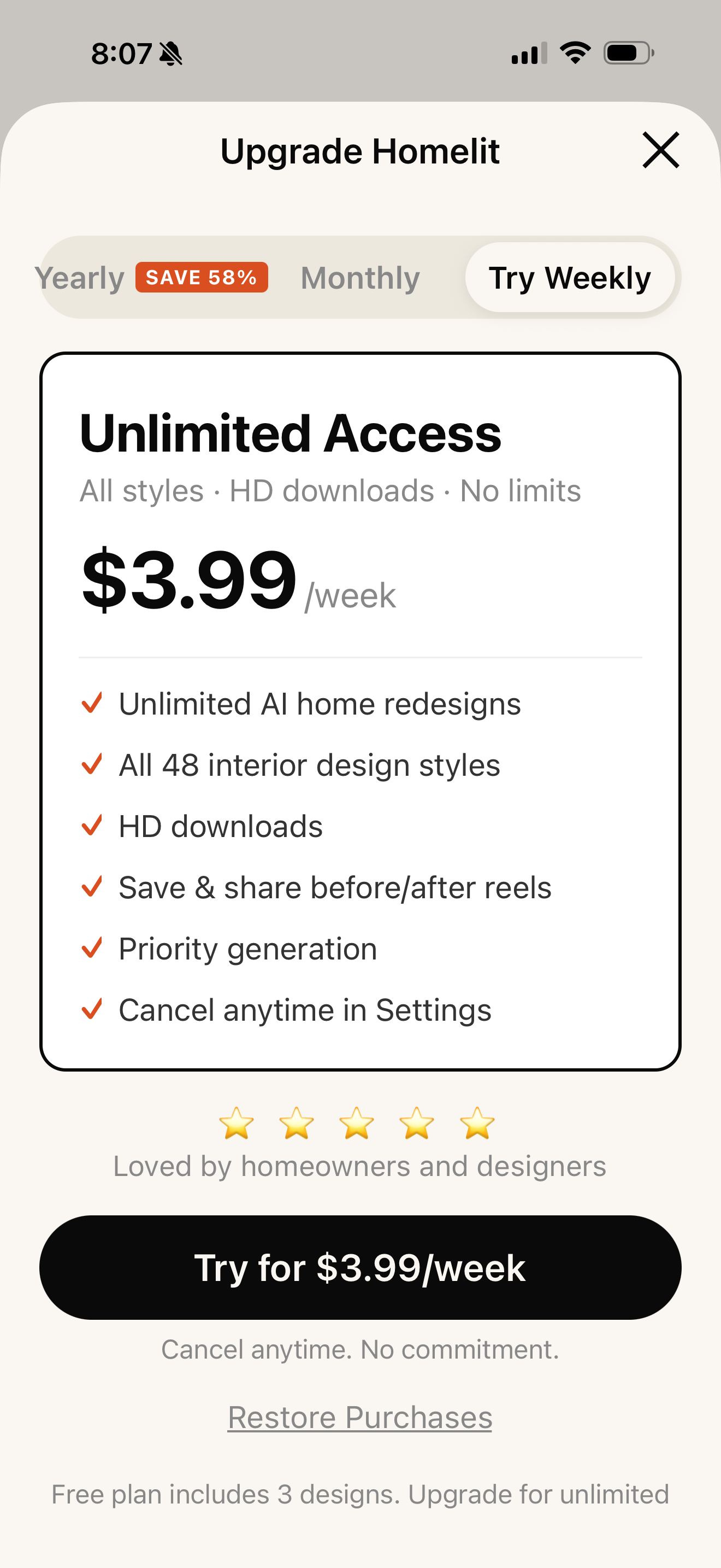 Homelit pricing — weekly trial