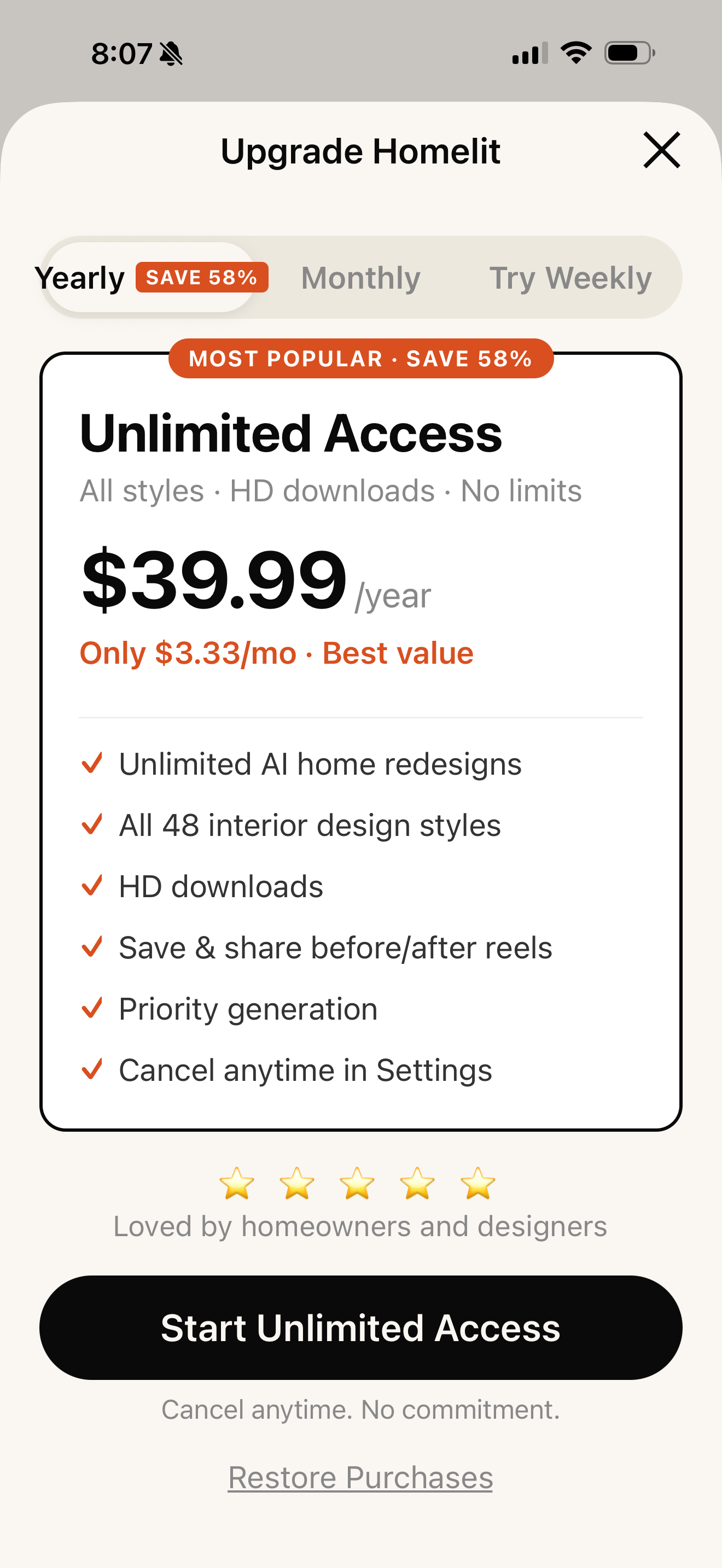 Homelit Pro — yearly subscription with most popular badge